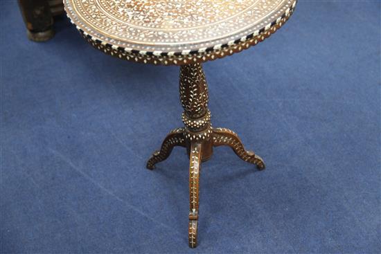 An early 20th century Indian ivory and bone inlaid circular tripod table, table W.1ft 8in.